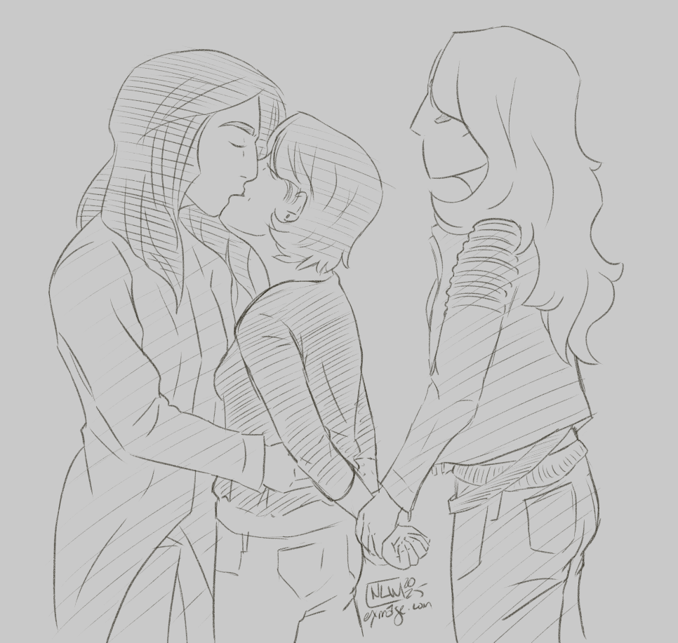 Aeryn is kissing Janet, whose hands are held behind her back by Seven.